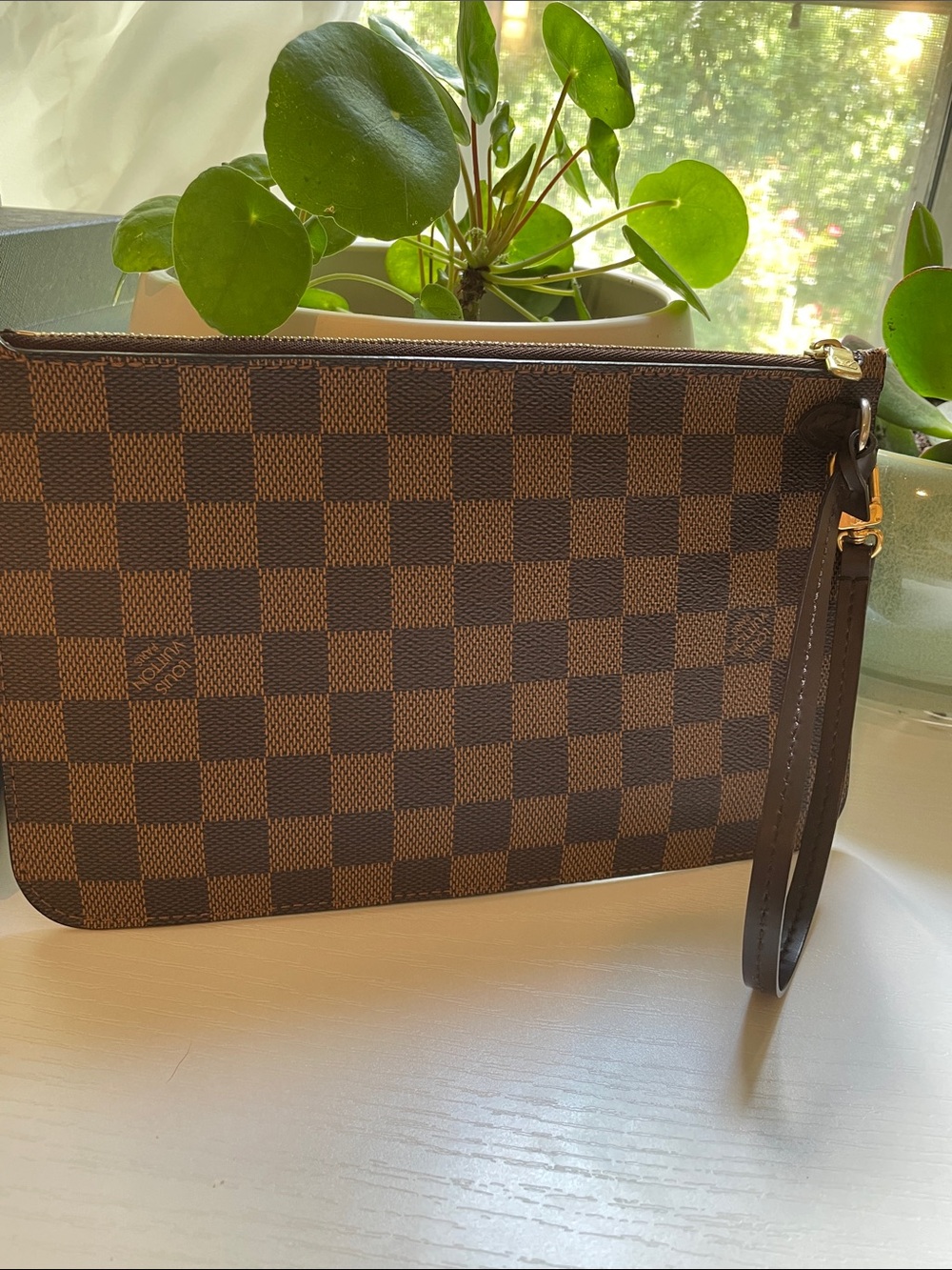 Louis Vuitton Brown Damier Ebene Wristlet Pouch with Gold Hardware